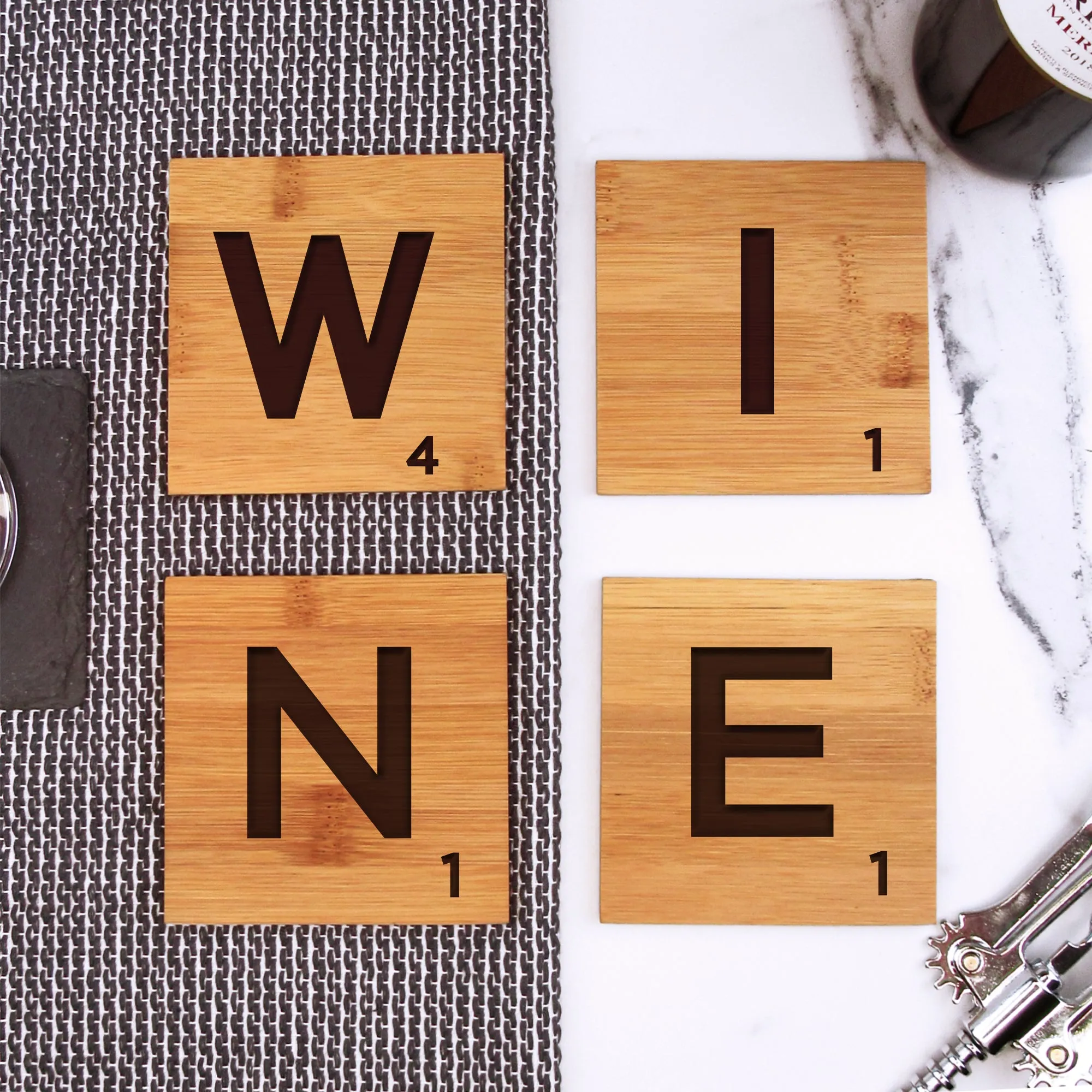 Set of 4 Bamboo "WINE" Scrabble Letter Tile Alphabet Drinks Coasters