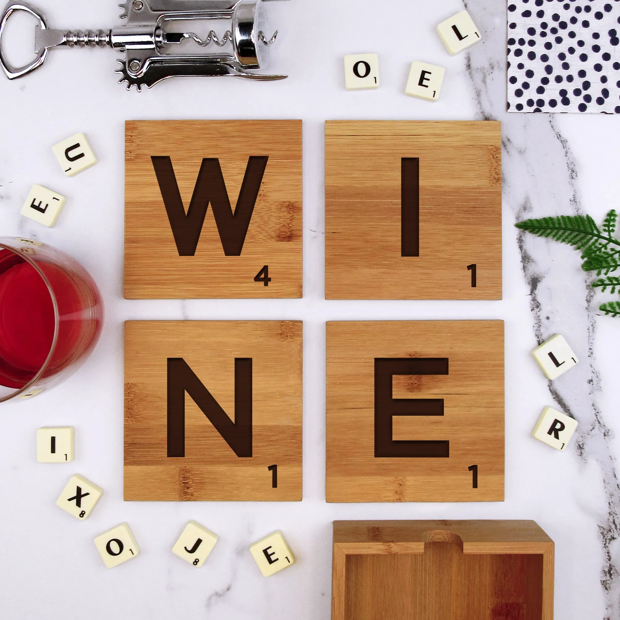 Set of 4 Bamboo "WINE" Scrabble Letter Tile Alphabet Drinks Coasters