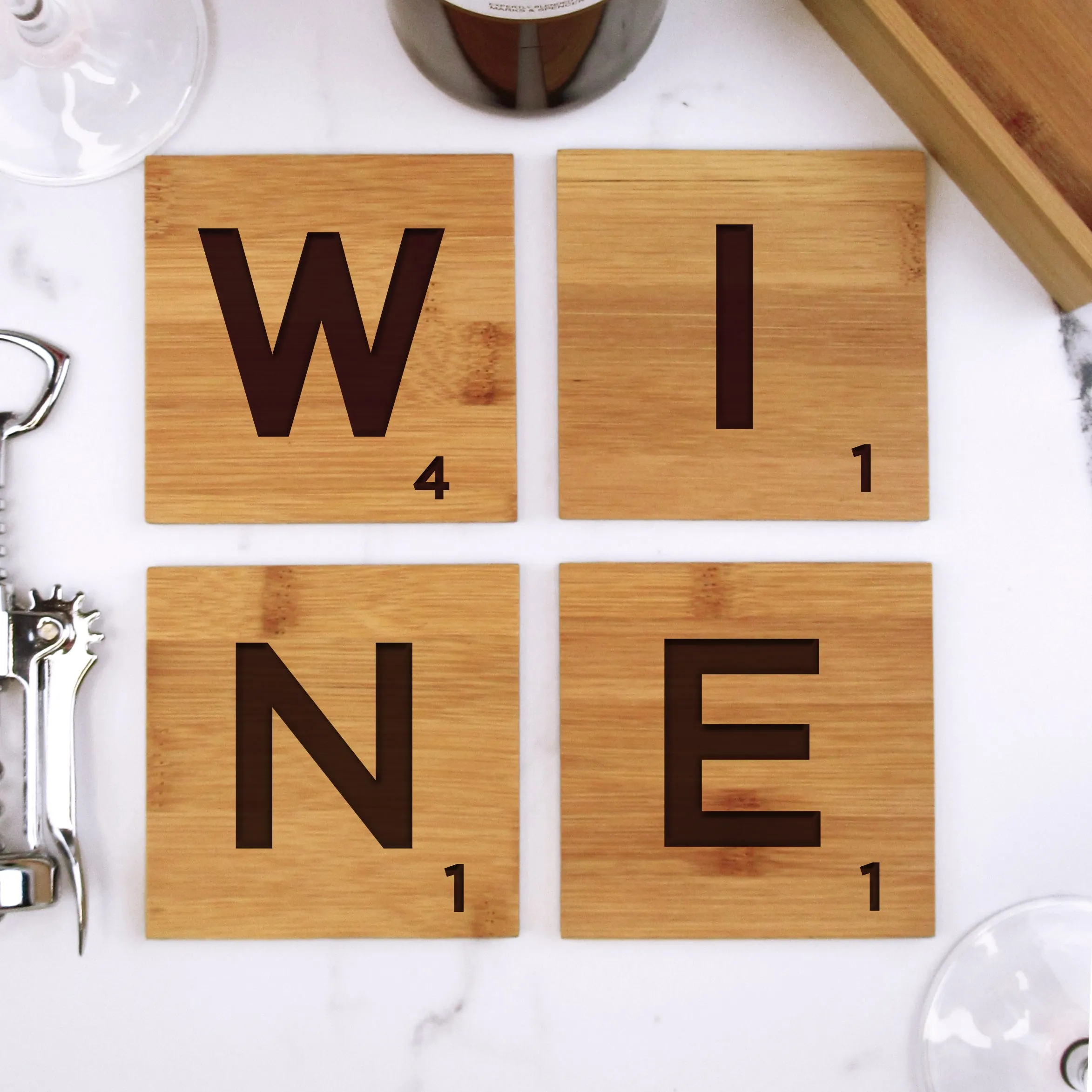 Set of 4 Bamboo "WINE" Scrabble Letter Tile Alphabet Drinks Coasters