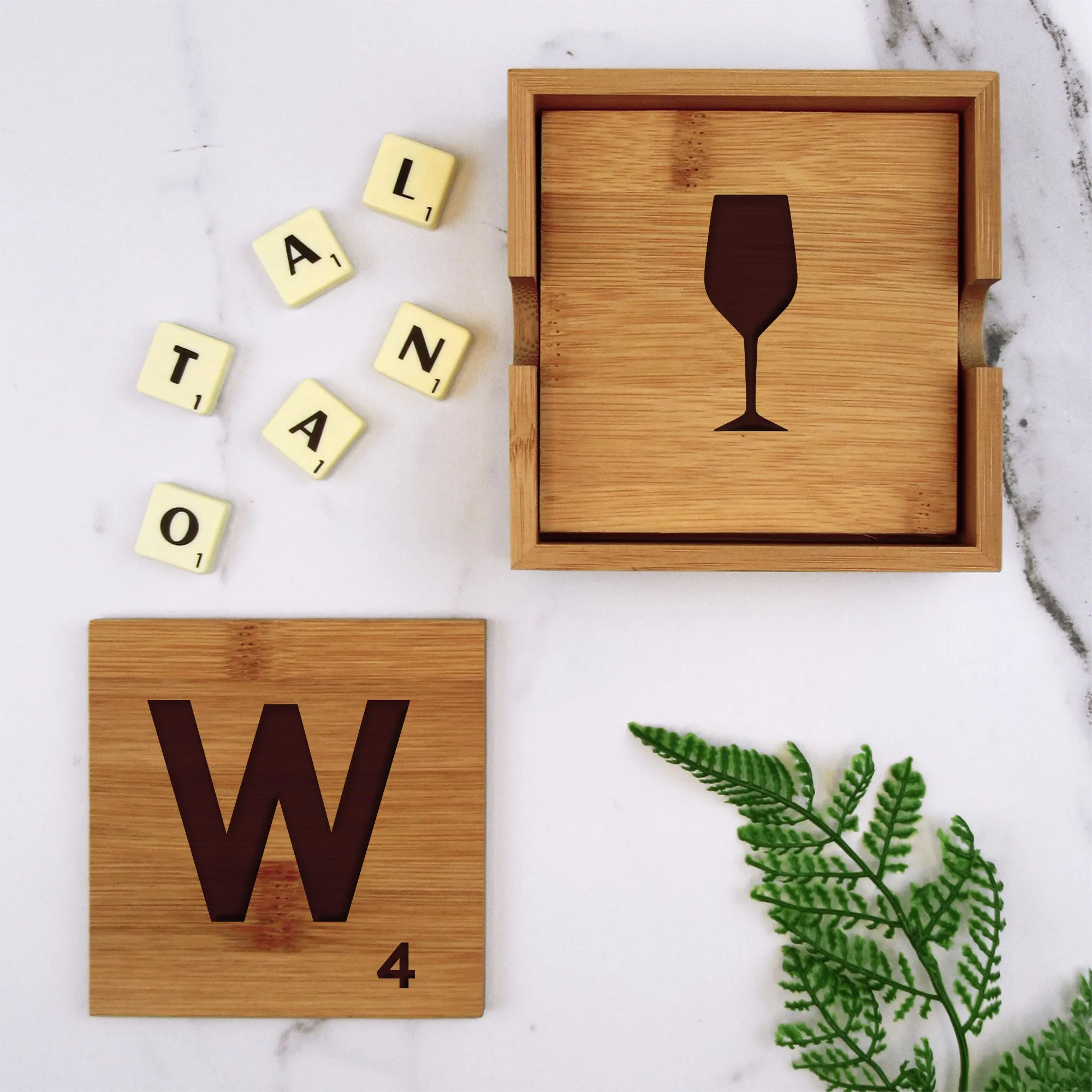 Set of 4 Bamboo "WINE" Scrabble Letter Tile Alphabet Drinks Coasters