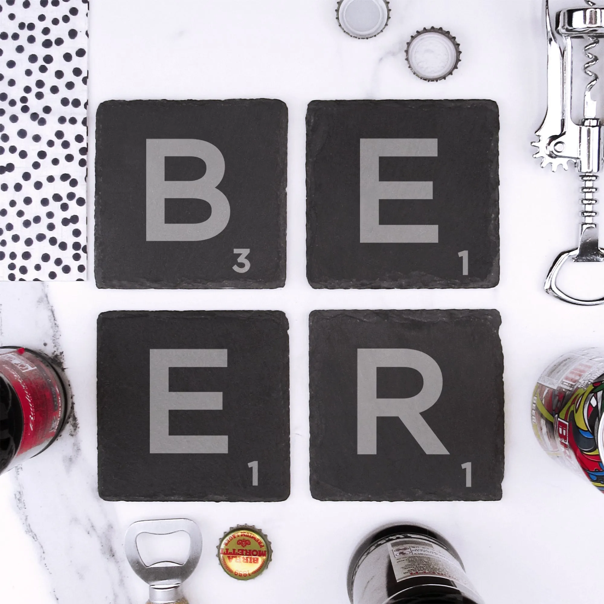 Set of 4 "BEER" Slate Scrabble Letter Tile Alphabet Drinks Coasters