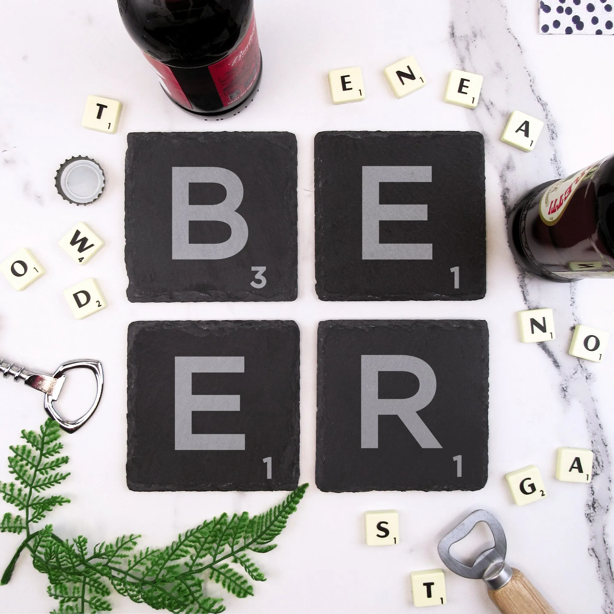 Set of 4 "BEER" Slate Scrabble Letter Tile Alphabet Drinks Coasters