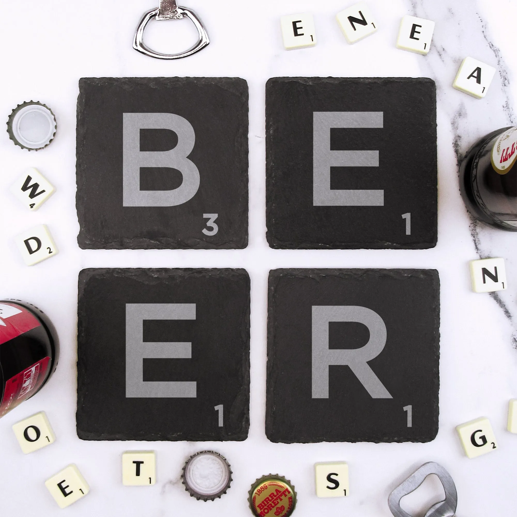 Set of 4 "BEER" Slate Scrabble Letter Tile Alphabet Drinks Coasters