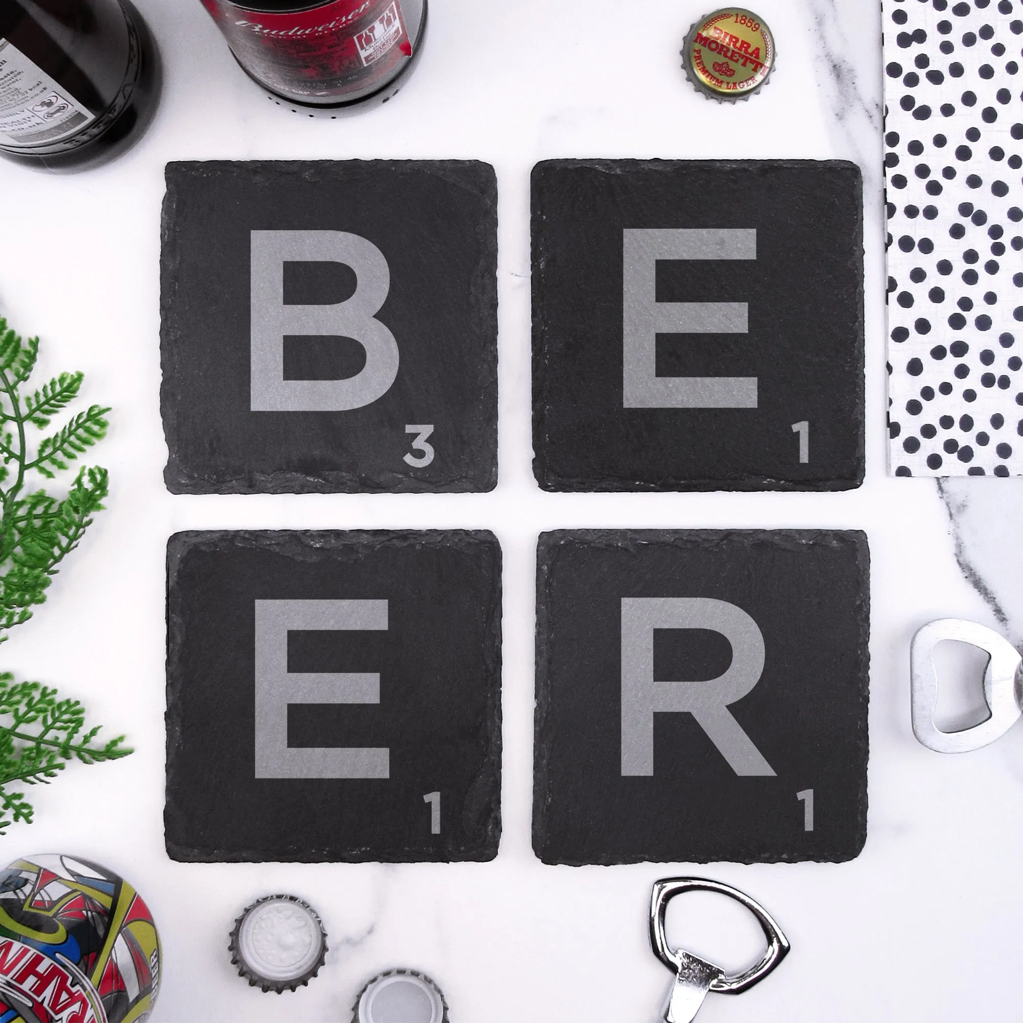 Set of 4 "BEER" Slate Scrabble Letter Tile Alphabet Drinks Coasters