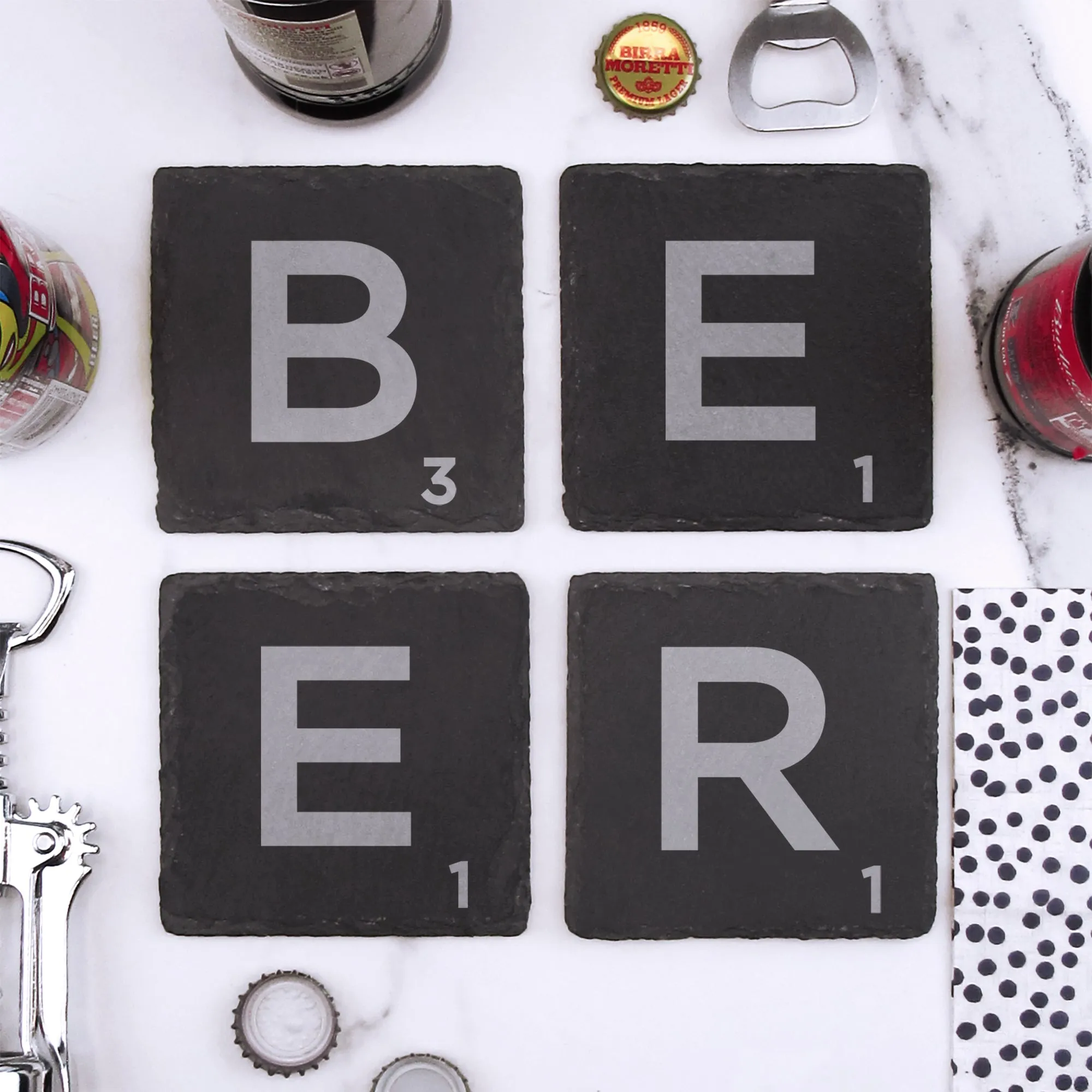 Set of 4 "BEER" Slate Scrabble Letter Tile Alphabet Drinks Coasters