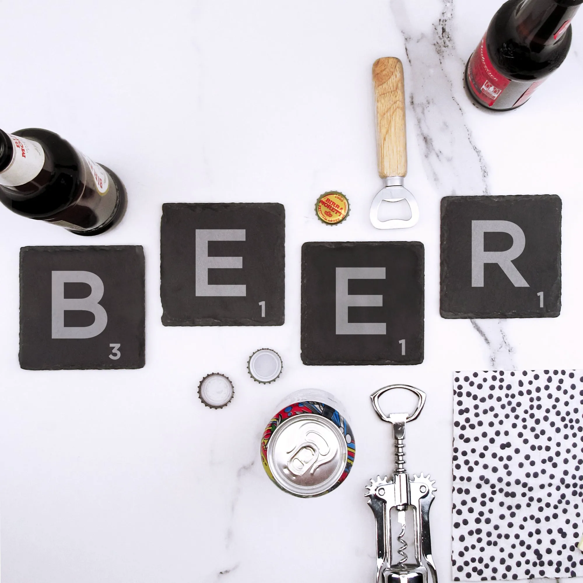 Set of 4 "BEER" Slate Scrabble Letter Tile Alphabet Drinks Coasters