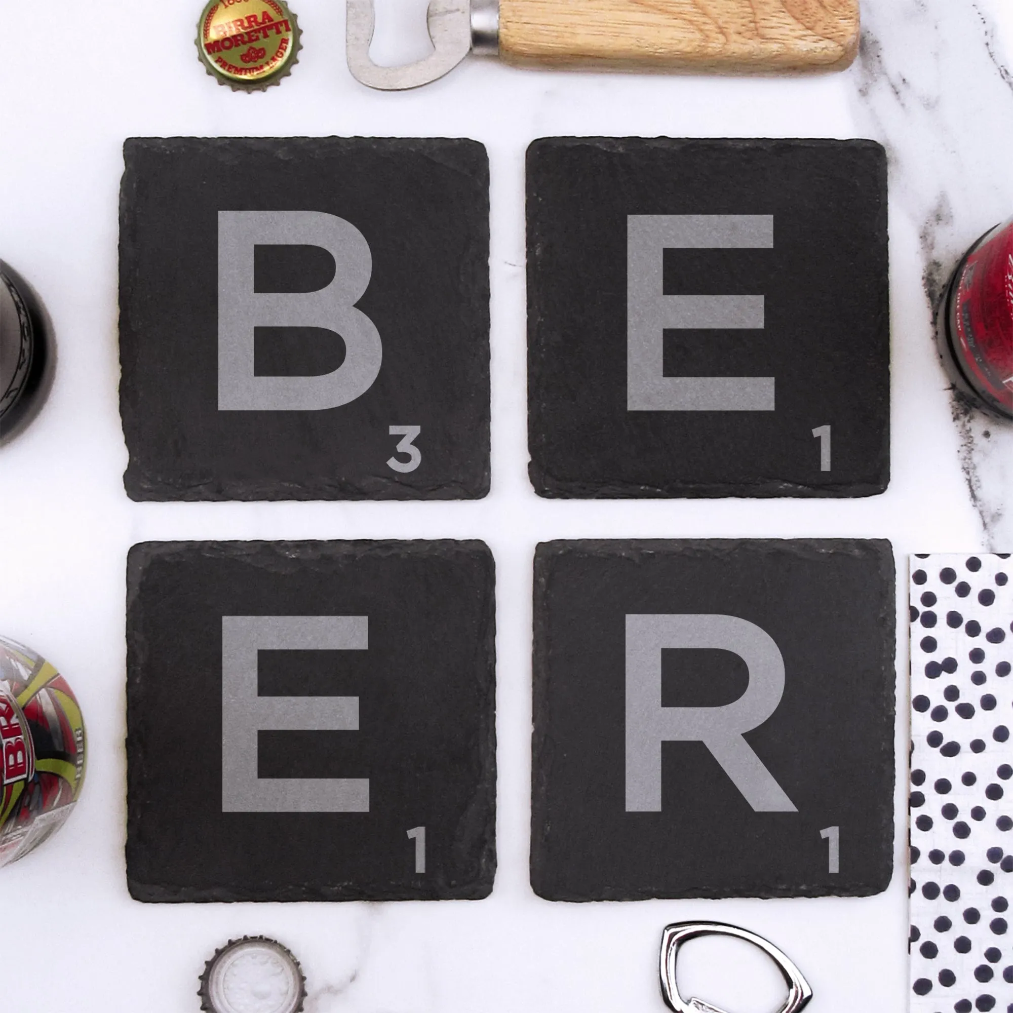 Set of 4 "BEER" Slate Scrabble Letter Tile Alphabet Drinks Coasters