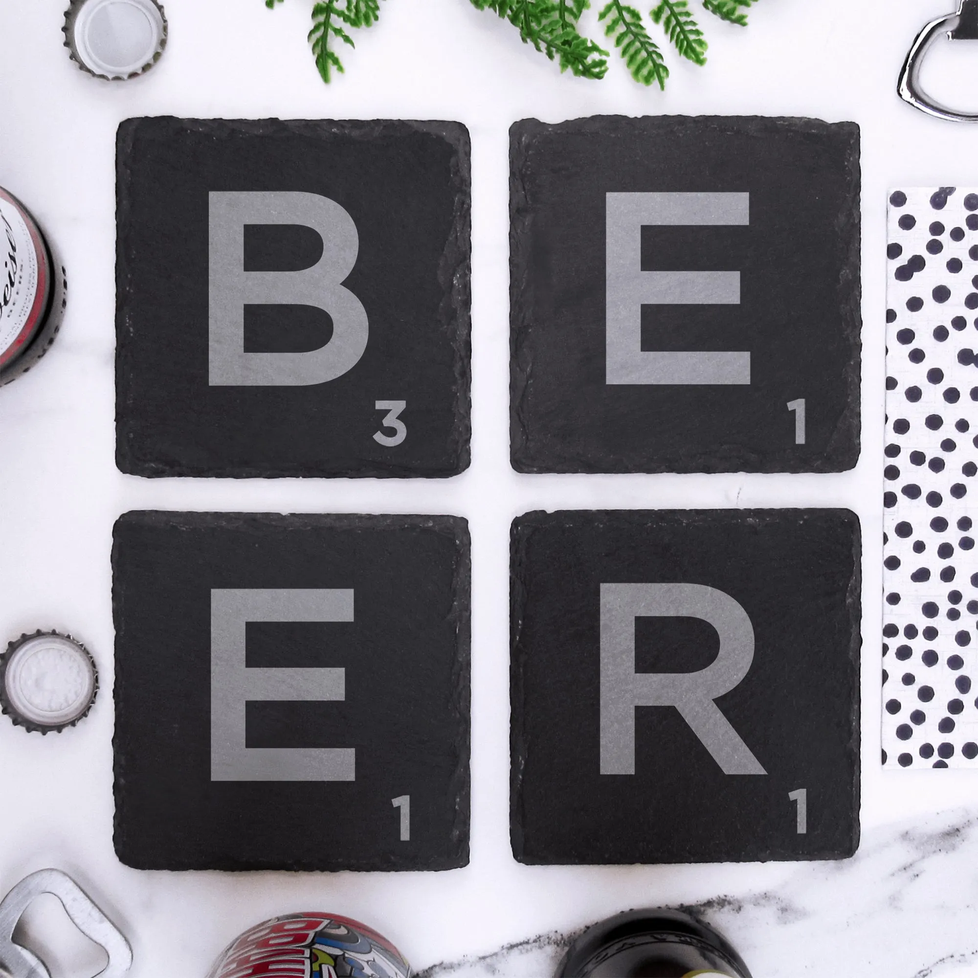 Set of 4 "BEER" Slate Scrabble Letter Tile Alphabet Drinks Coasters