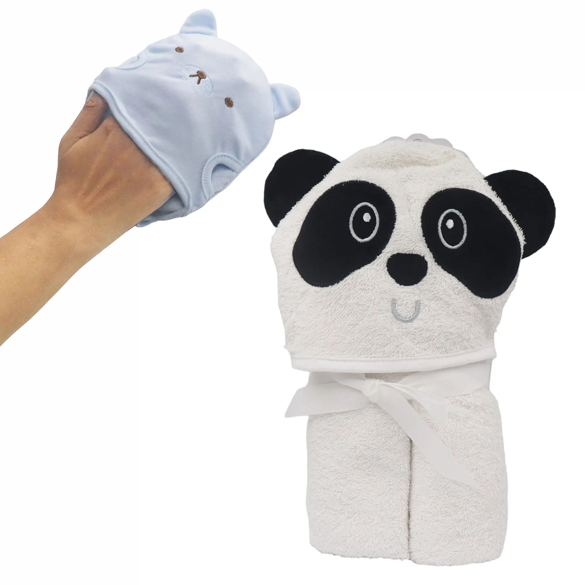 Sleepy Panda Cotton Hooded Baby Bath Towel with Baby Loofah