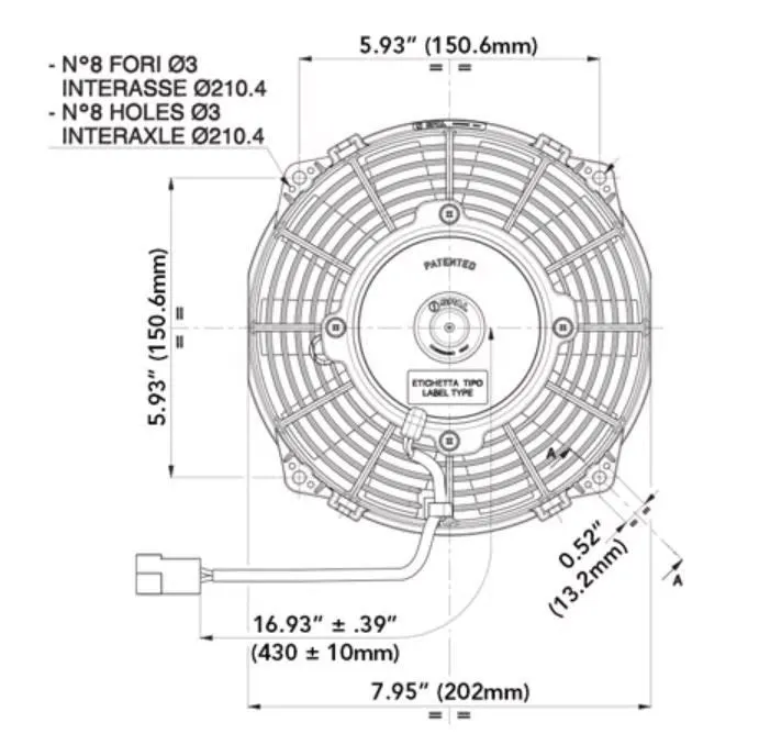 SPAL 7.50" Inch Electric Fan Pusher Style Low Profile 437CFM 10 Paddle Style Blades - 30100393