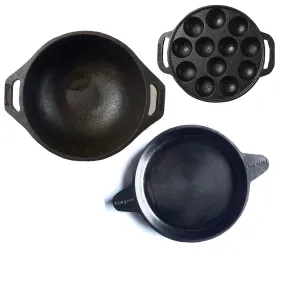 Sparkenzy Pre seasoned Cast iron Paniyaram pan 12 pit | kadai 10 inch | Fish fry pan 9 inch | Combo