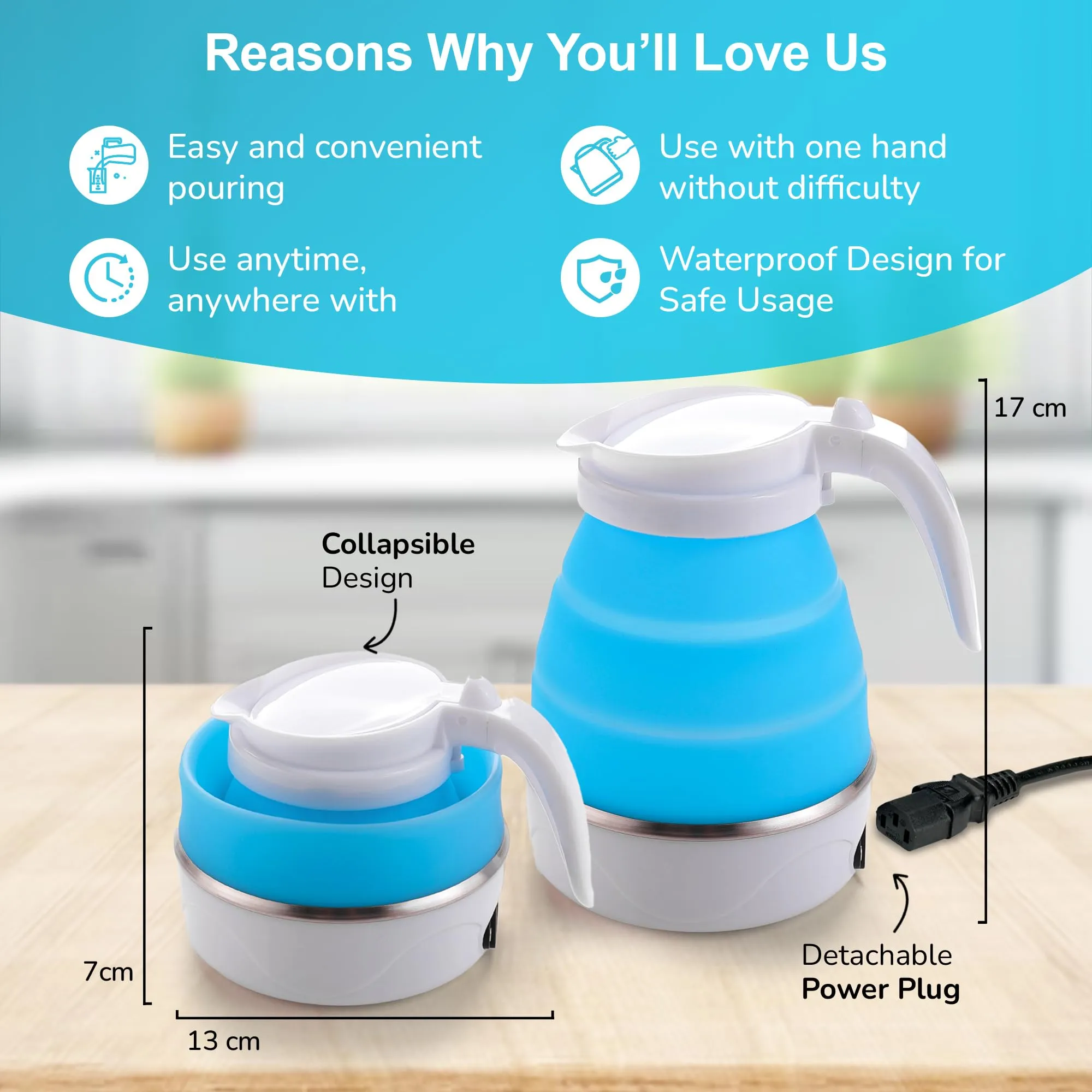 The Better Home FUMATO 600ml Foldable Electric Kettle for Hot Water 600W | Multipurpose, Mini, Collapsible, Travel Kettle | Food Grade Silicone Body, Stainless Steel Base & Leak Proof (Blue)