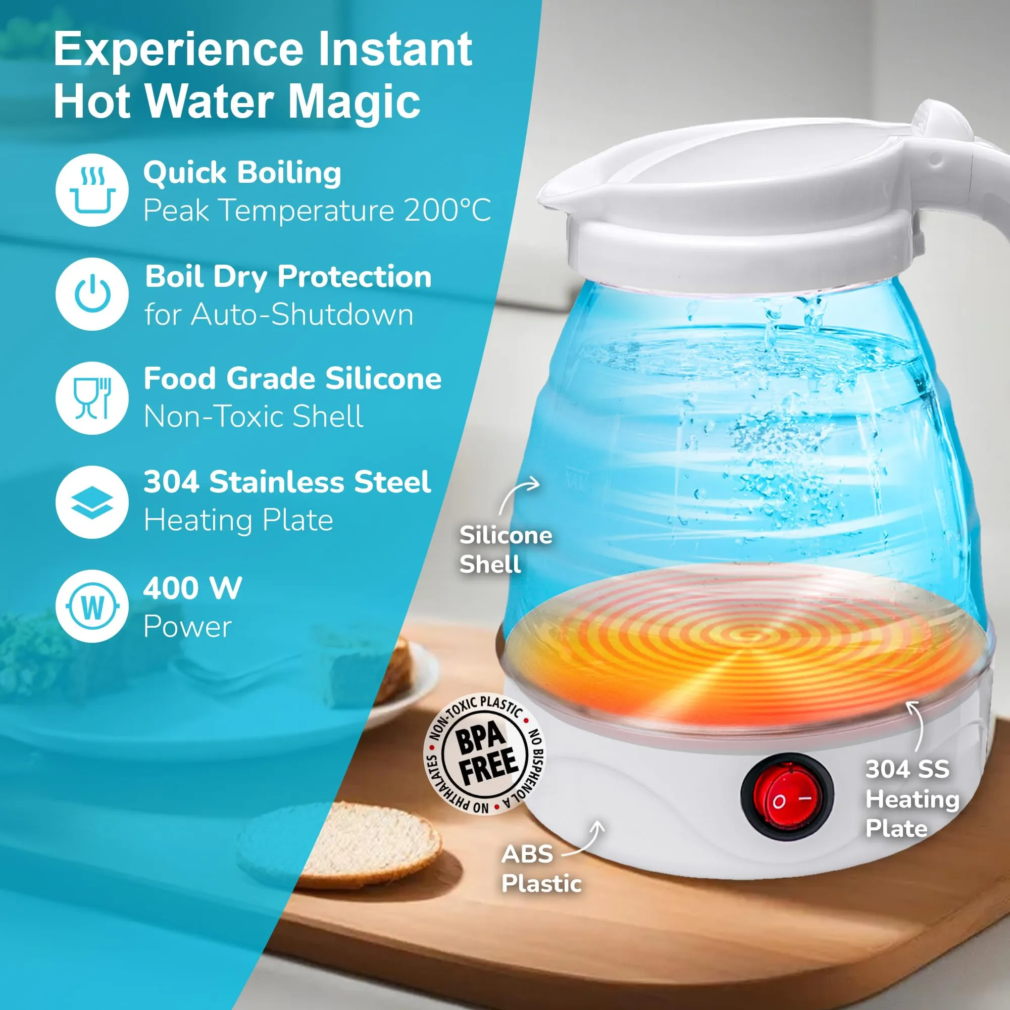 The Better Home FUMATO 600ml Foldable Electric Kettle for Hot Water 600W | Multipurpose, Mini, Collapsible, Travel Kettle | Food Grade Silicone Body, Stainless Steel Base & Leak Proof (Blue)