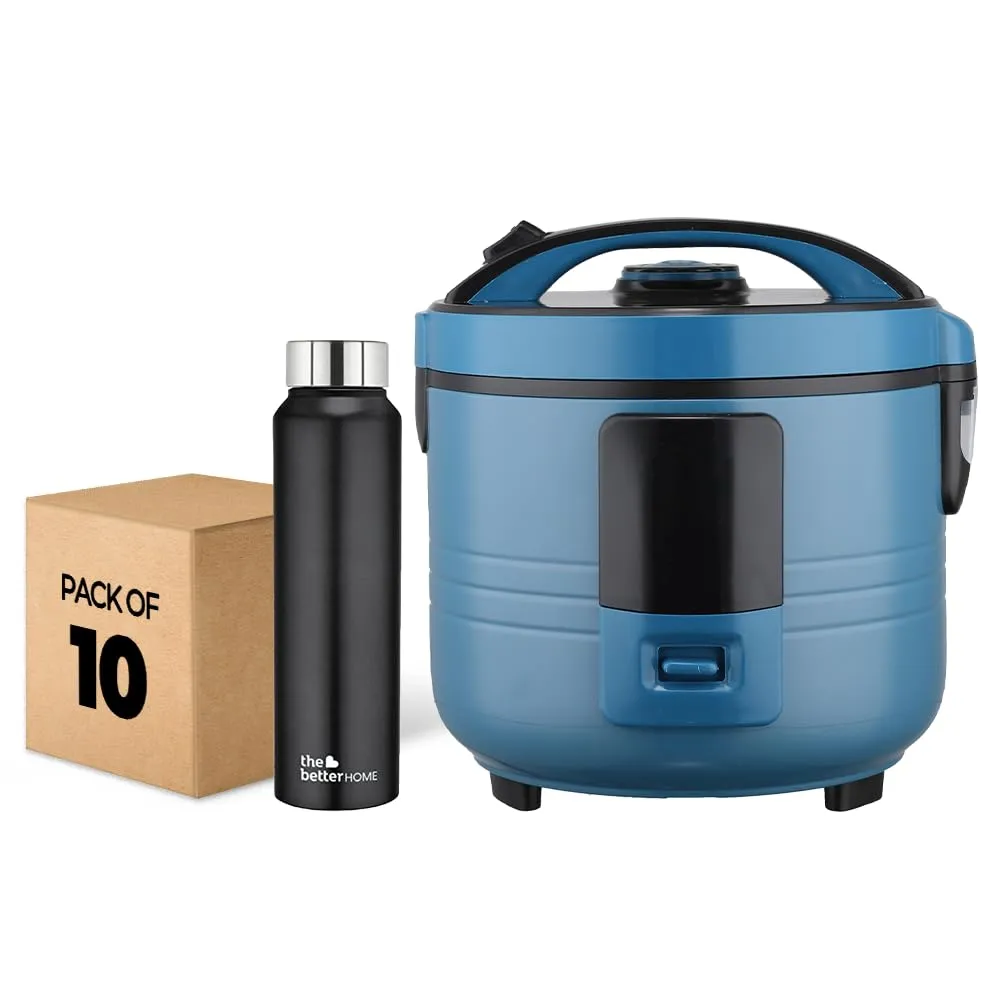 The Better Home FUMATO Cookeasy Automatic 500W Electric Rice Cooker 1.5L Blue & Stainless Steel Water Bottle 1 Litre Pack of 10 Black