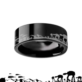 Thorsten Hoth Battle Star Wars Alliance Galactic Imperial Invasion ATAT ATST Black Tungsten Engraved Ring - 4mm - 12mm