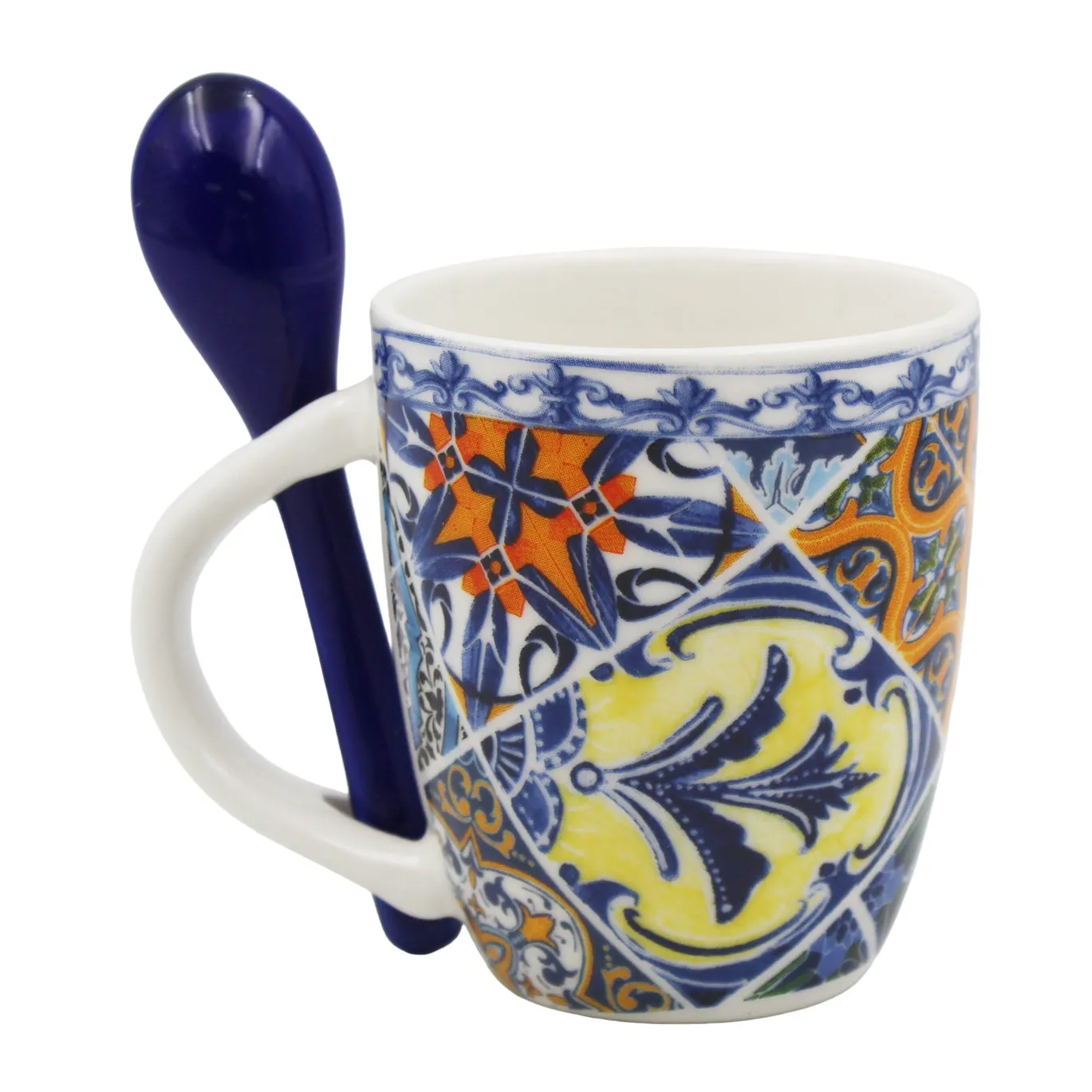 Traditional Blue & Orange Tile Azulejo Ceramic Espresso Cup with Stirring Spoon and Gift Box