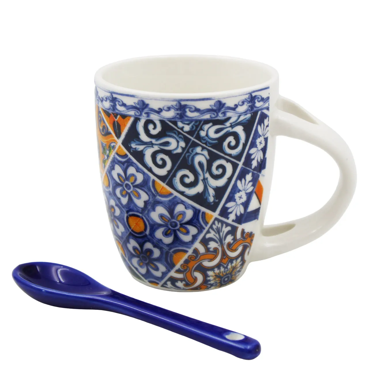 Traditional Blue & Orange Tile Azulejo Ceramic Espresso Cup with Stirring Spoon and Gift Box