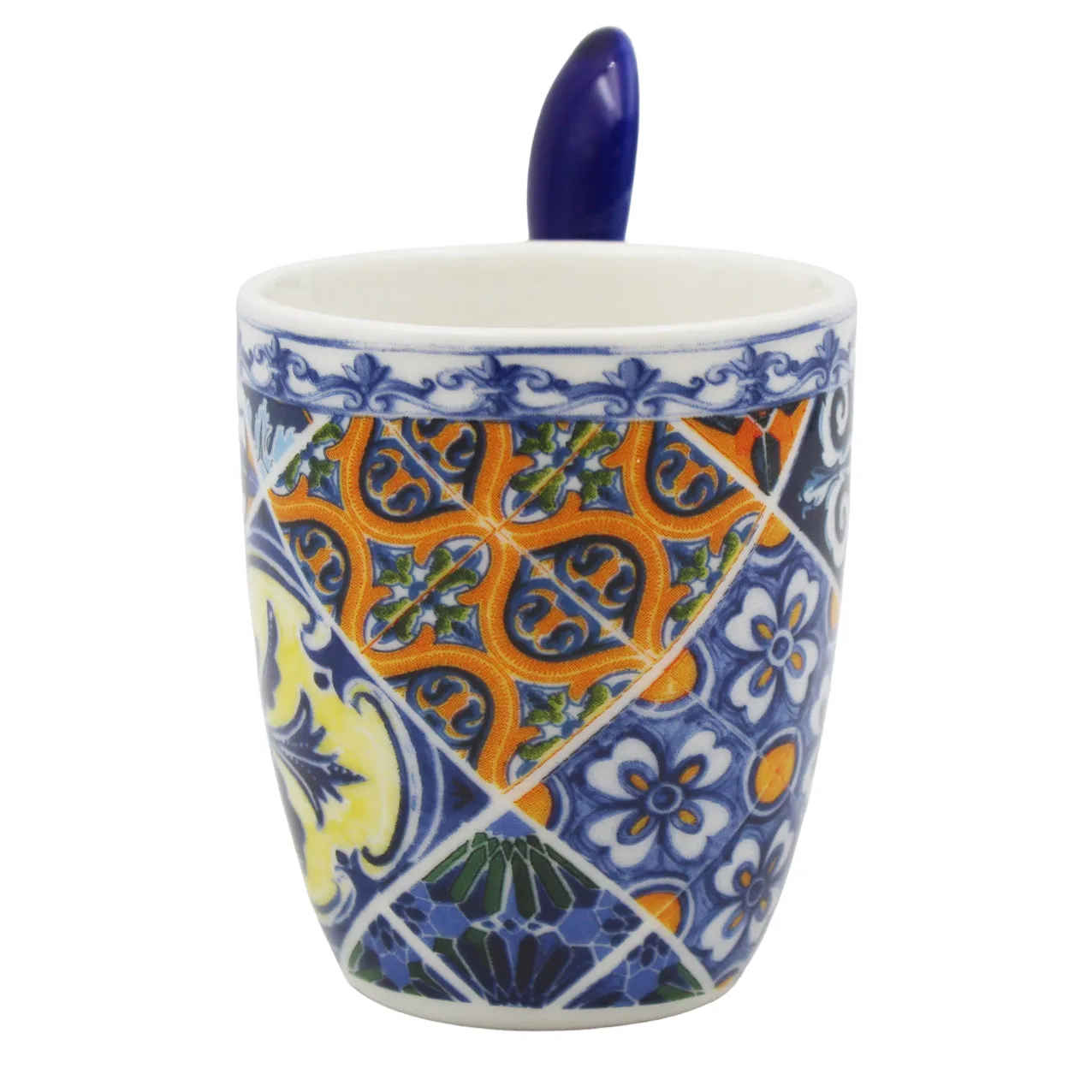 Traditional Blue & Orange Tile Azulejo Ceramic Espresso Cup with Stirring Spoon and Gift Box