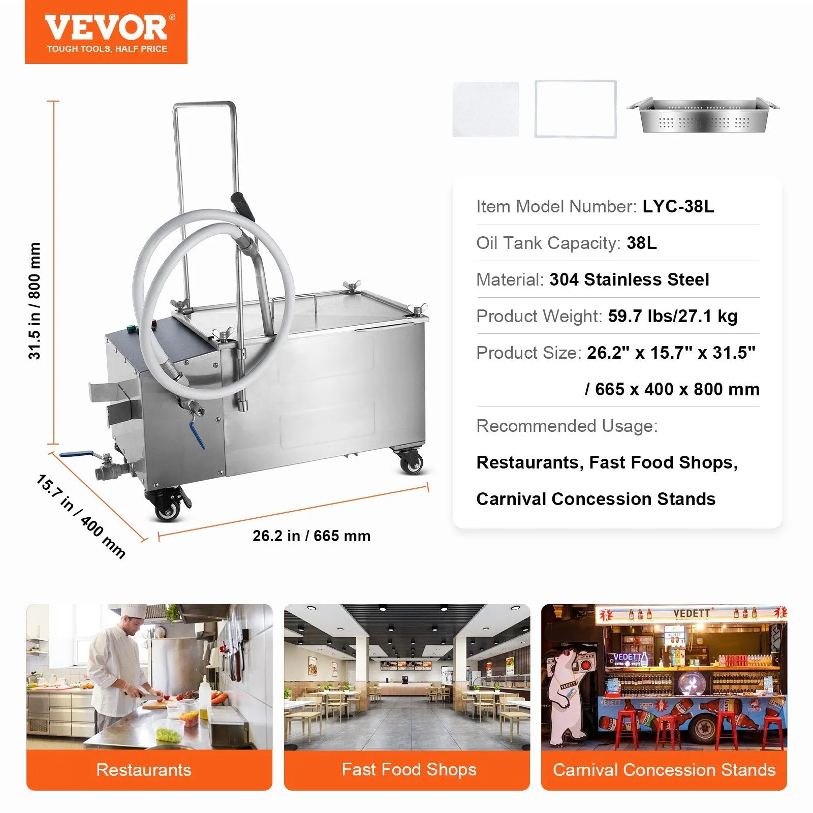 Vevor Mobile Fryer Filter 10 Gal Capacity 2.64 GPM Swivel Wheels Oil Transfer Hose New