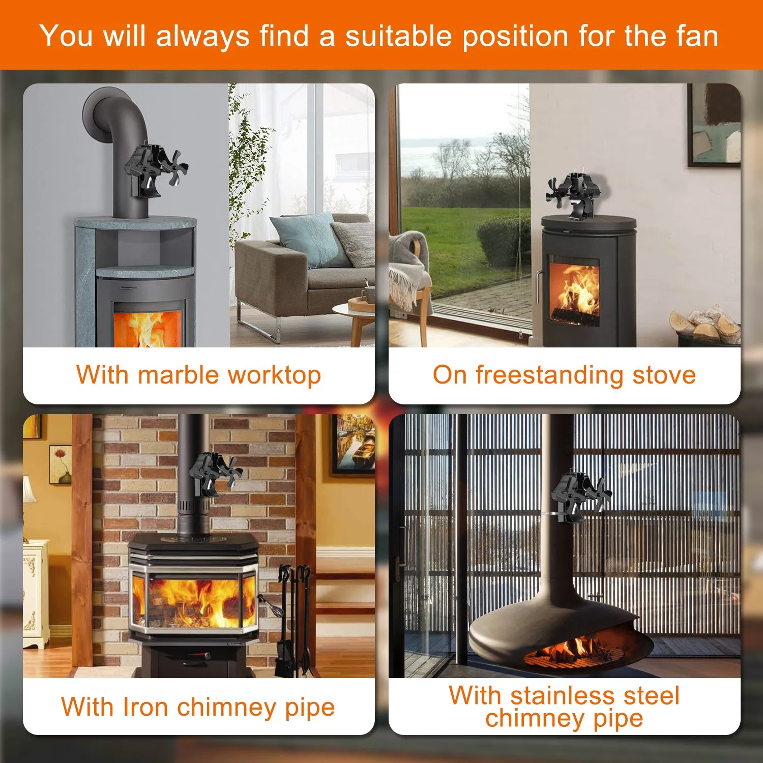 VODA Magnetic Wood stove Fan 3-in-1 without Power for Firewood/Fireplace/Stove Pipe