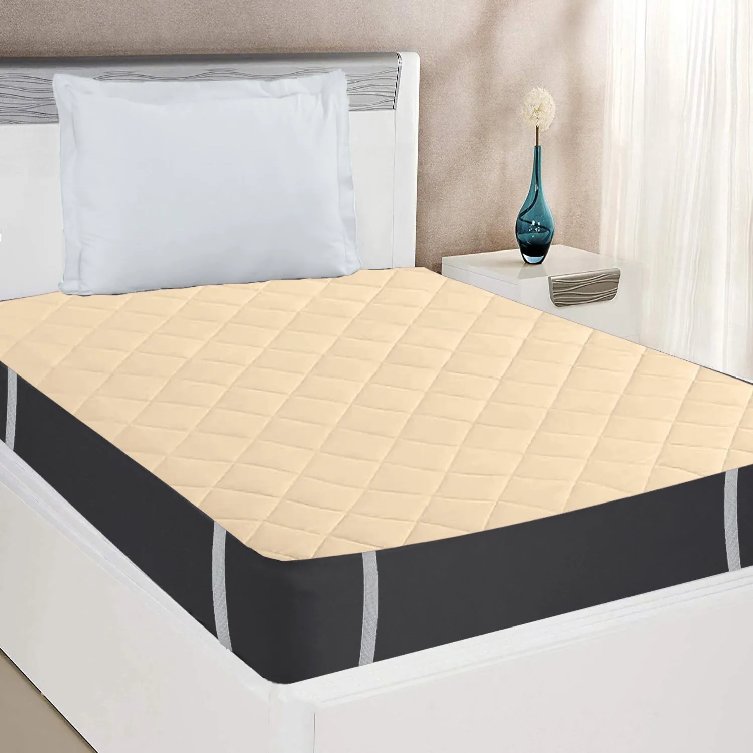 Water Resistant Cotton Quilted Mattress Protector with Elastic Straps on Corners