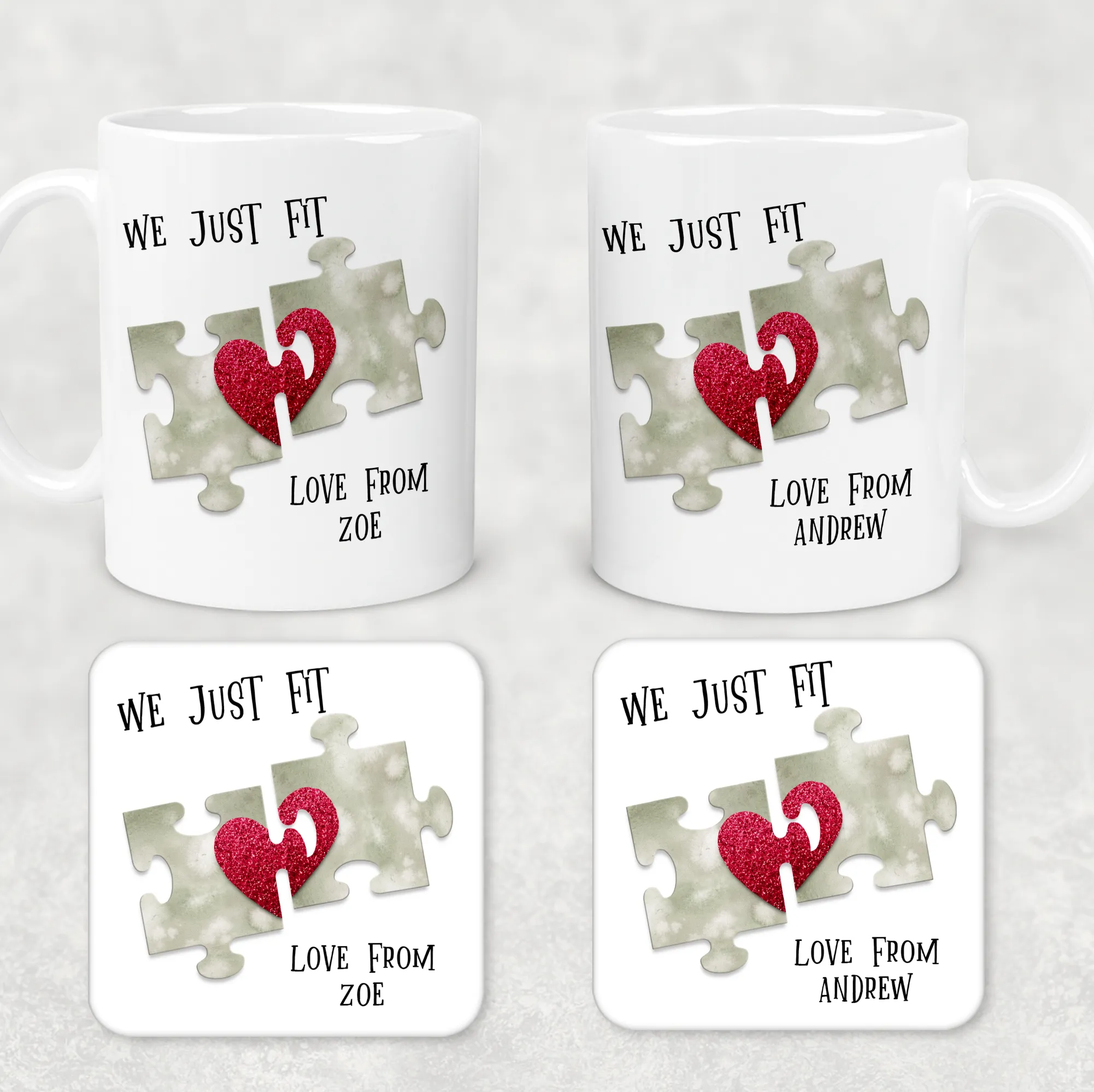 We Just Fit Jigsaw Valentine's Day Personalised Mug and Coaster Set