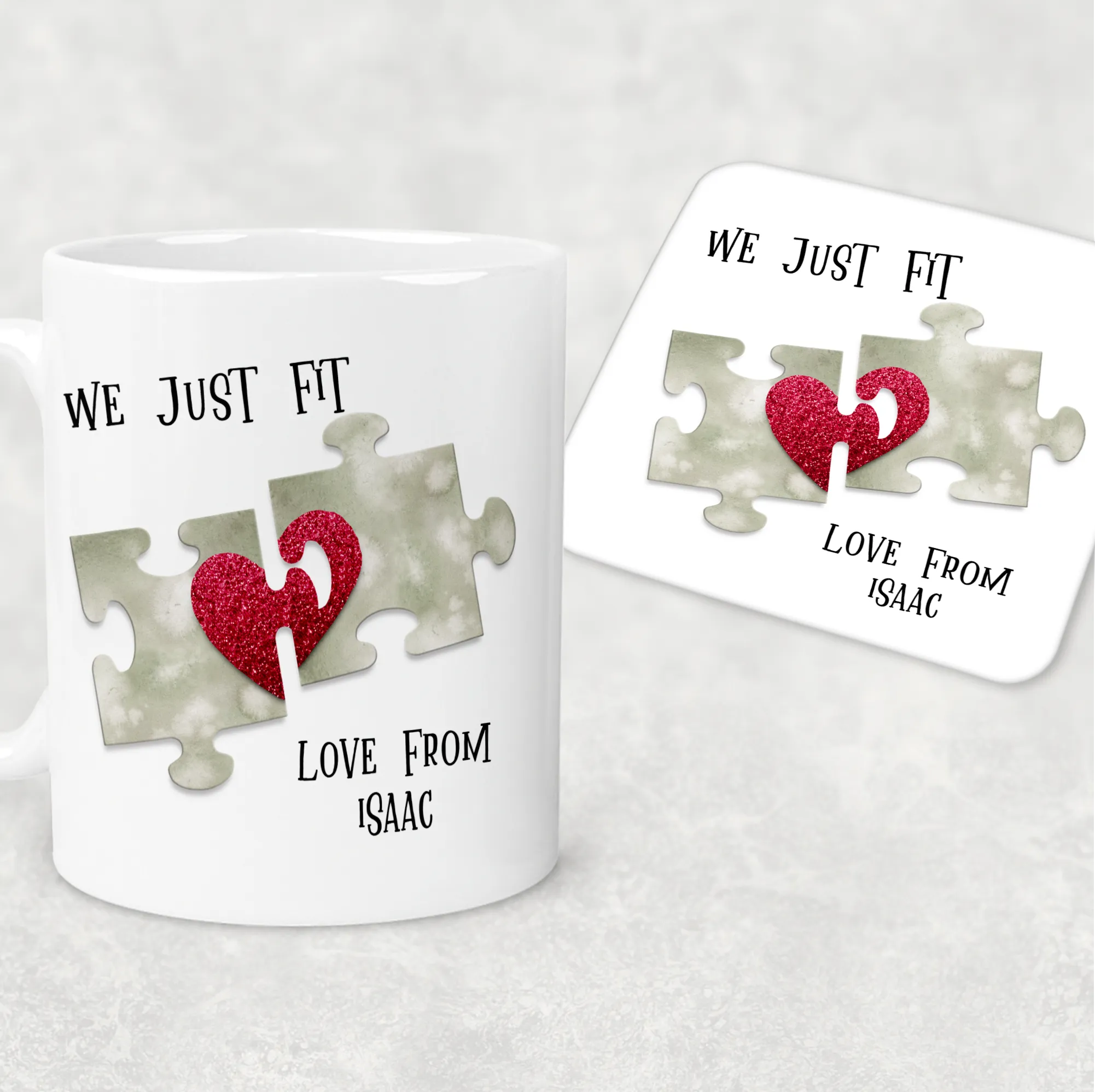 We Just Fit Jigsaw Valentine's Day Personalised Mug and Coaster Set