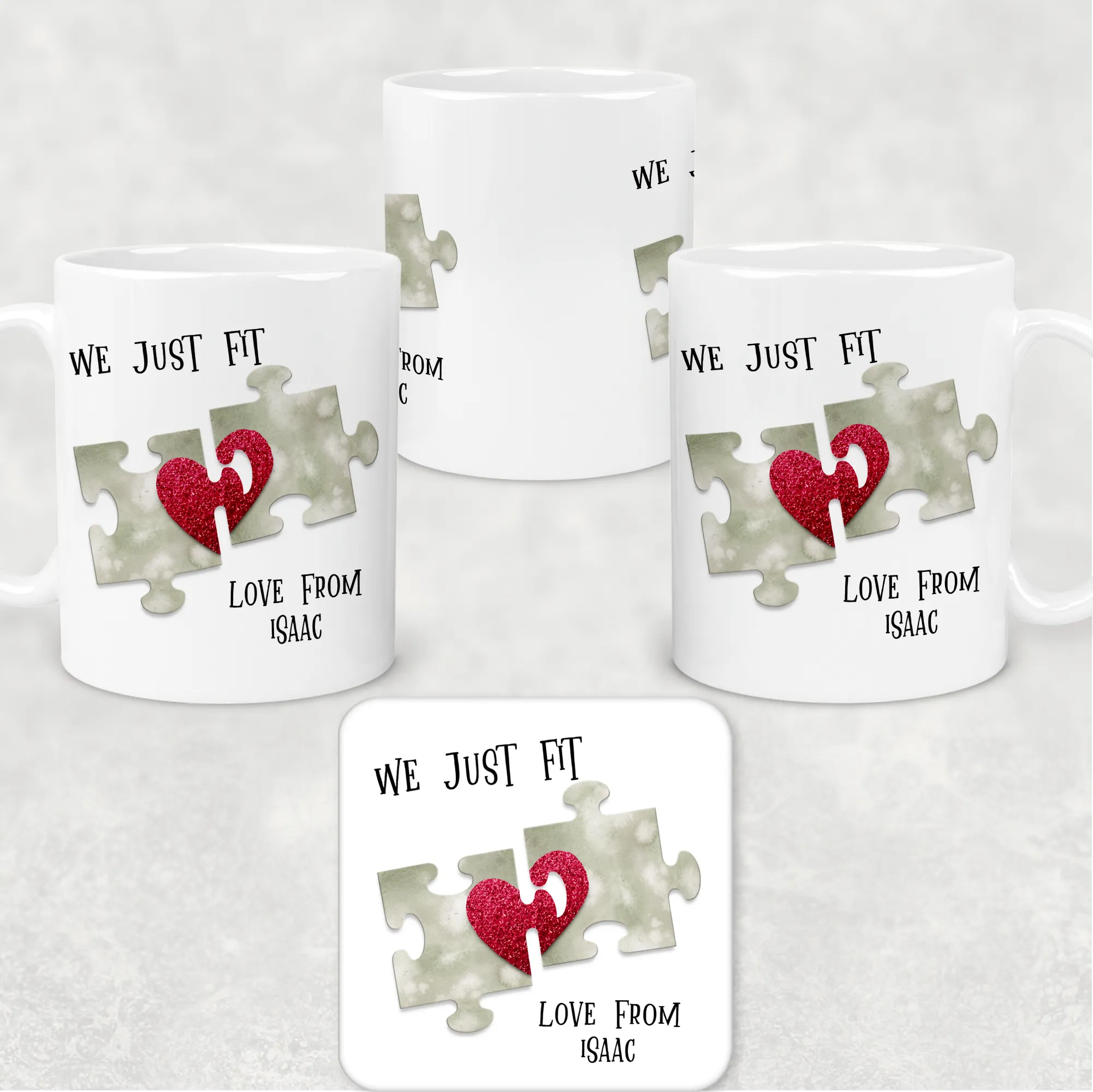 We Just Fit Jigsaw Valentine's Day Personalised Mug and Coaster Set