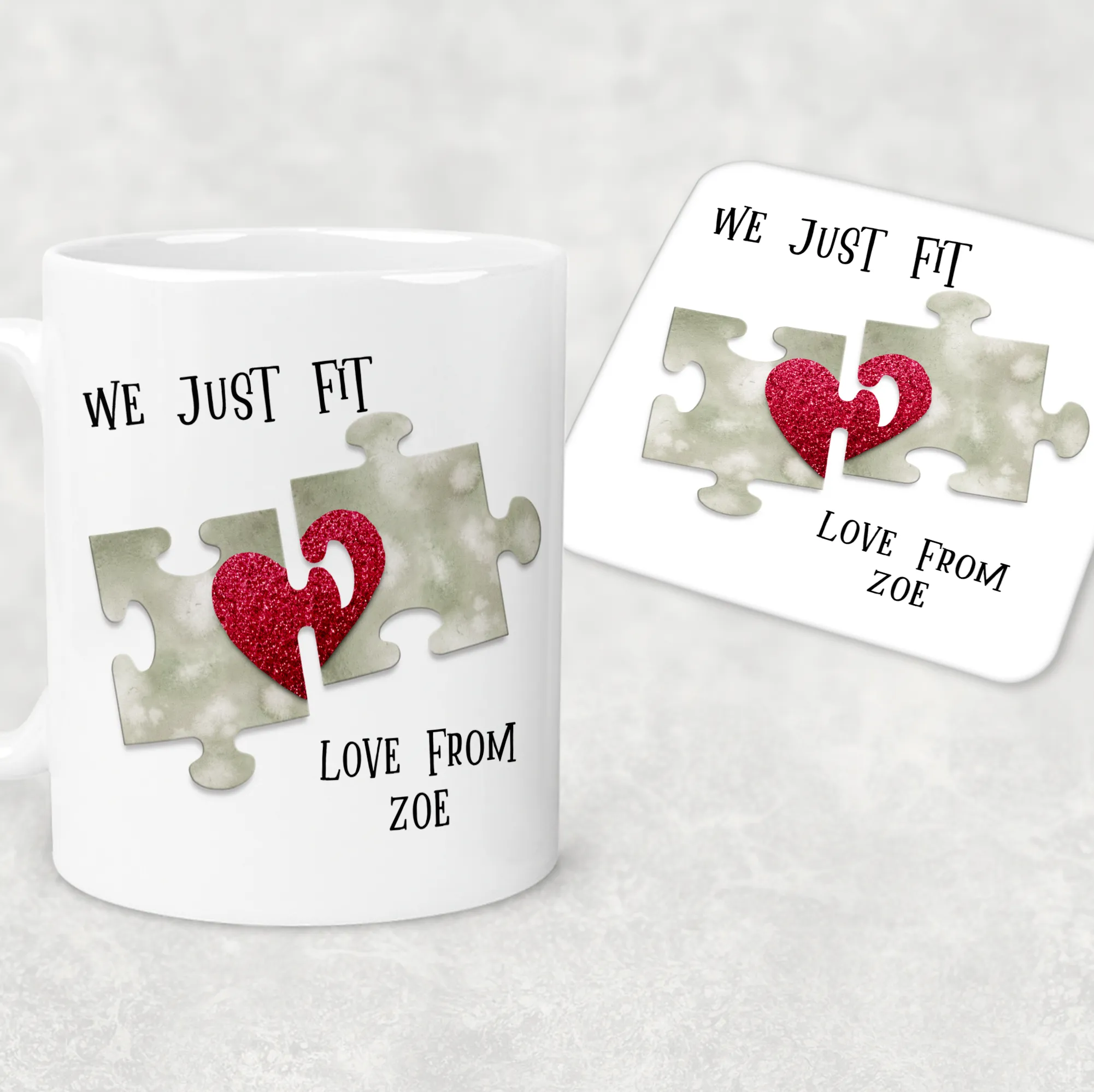 We Just Fit Jigsaw Valentine's Day Personalised Mug and Coaster Set