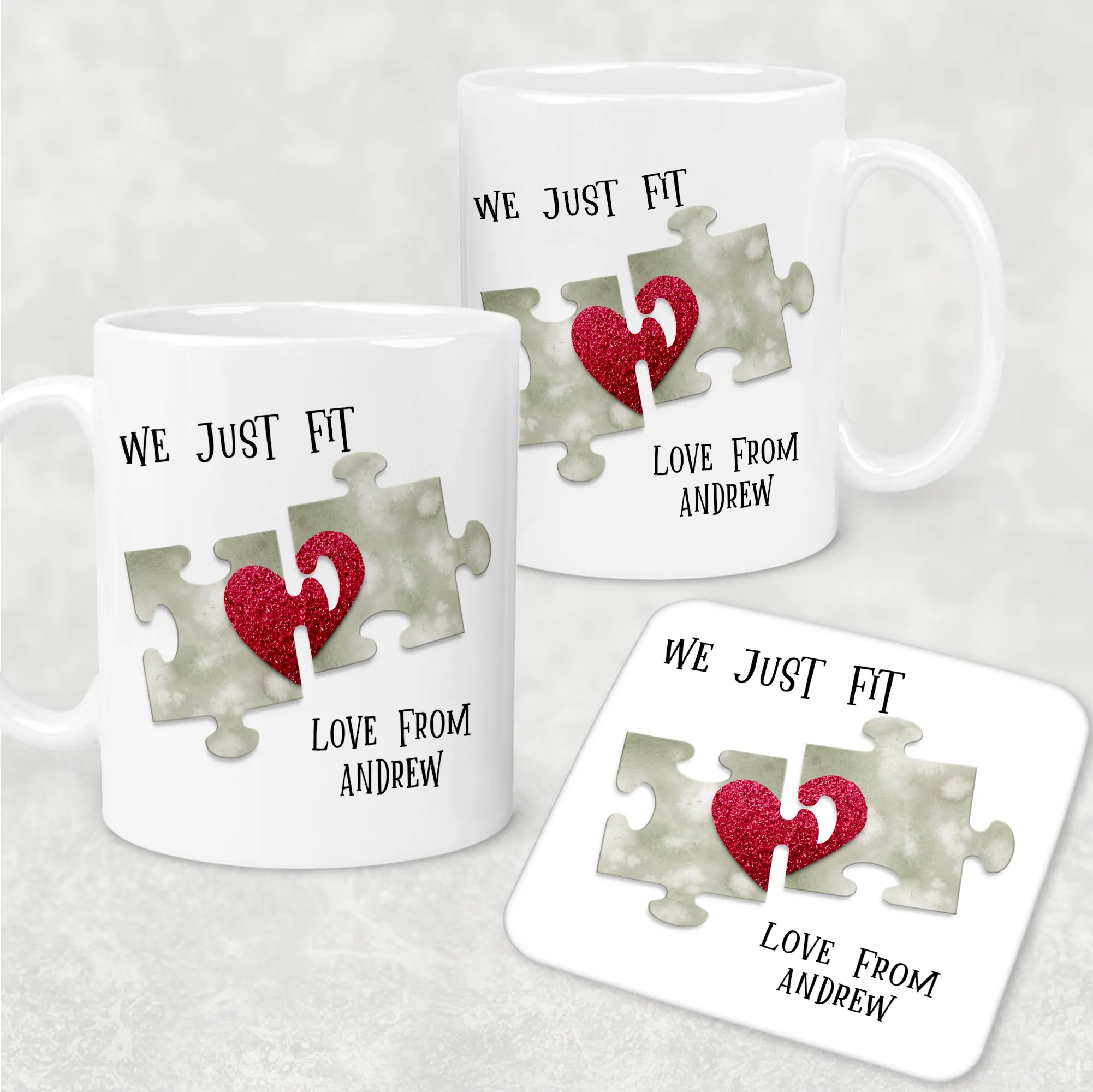 We Just Fit Jigsaw Valentine's Day Personalised Mug and Coaster Set