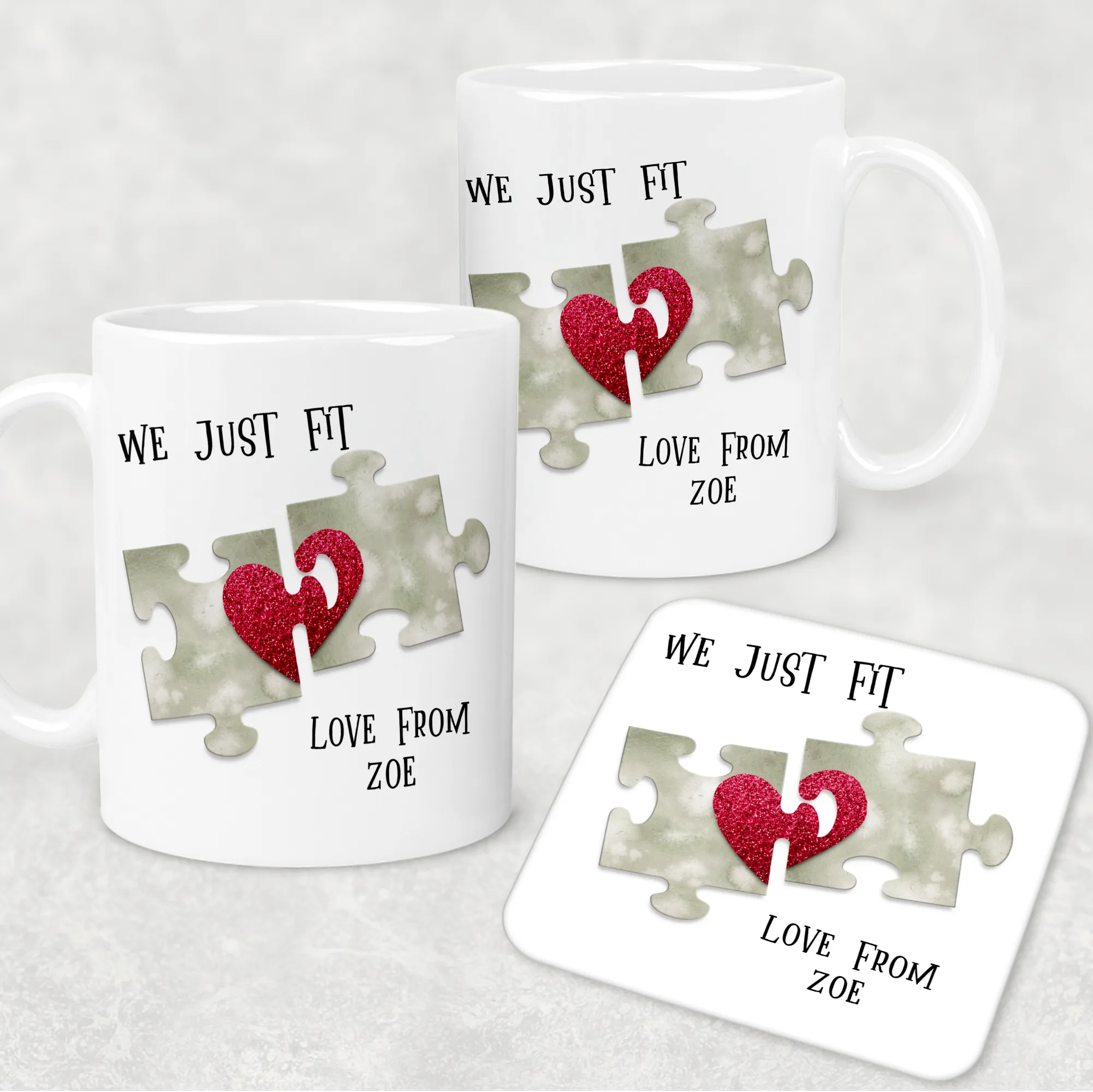 We Just Fit Jigsaw Valentine's Day Personalised Mug and Coaster Set