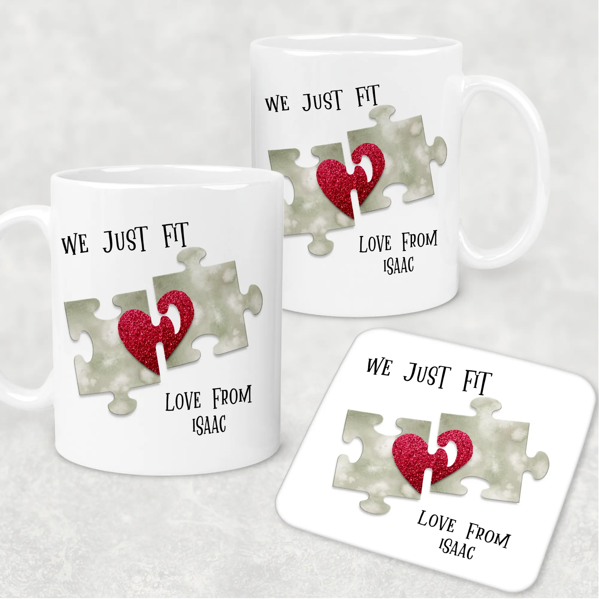 We Just Fit Jigsaw Valentine's Day Personalised Mug and Coaster Set