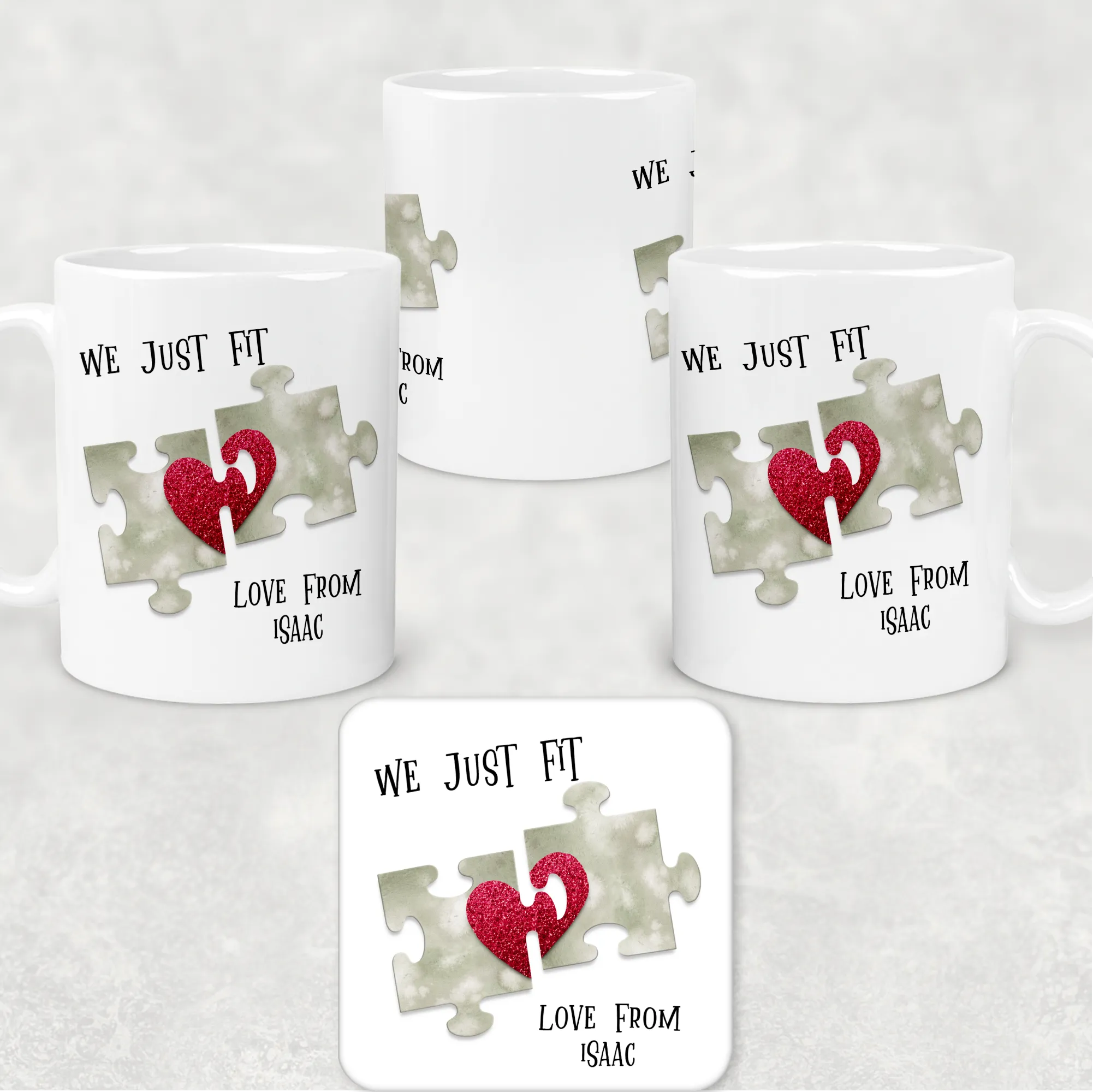 We Just Fit Jigsaw Valentine's Day Personalised Mug and Coaster Set