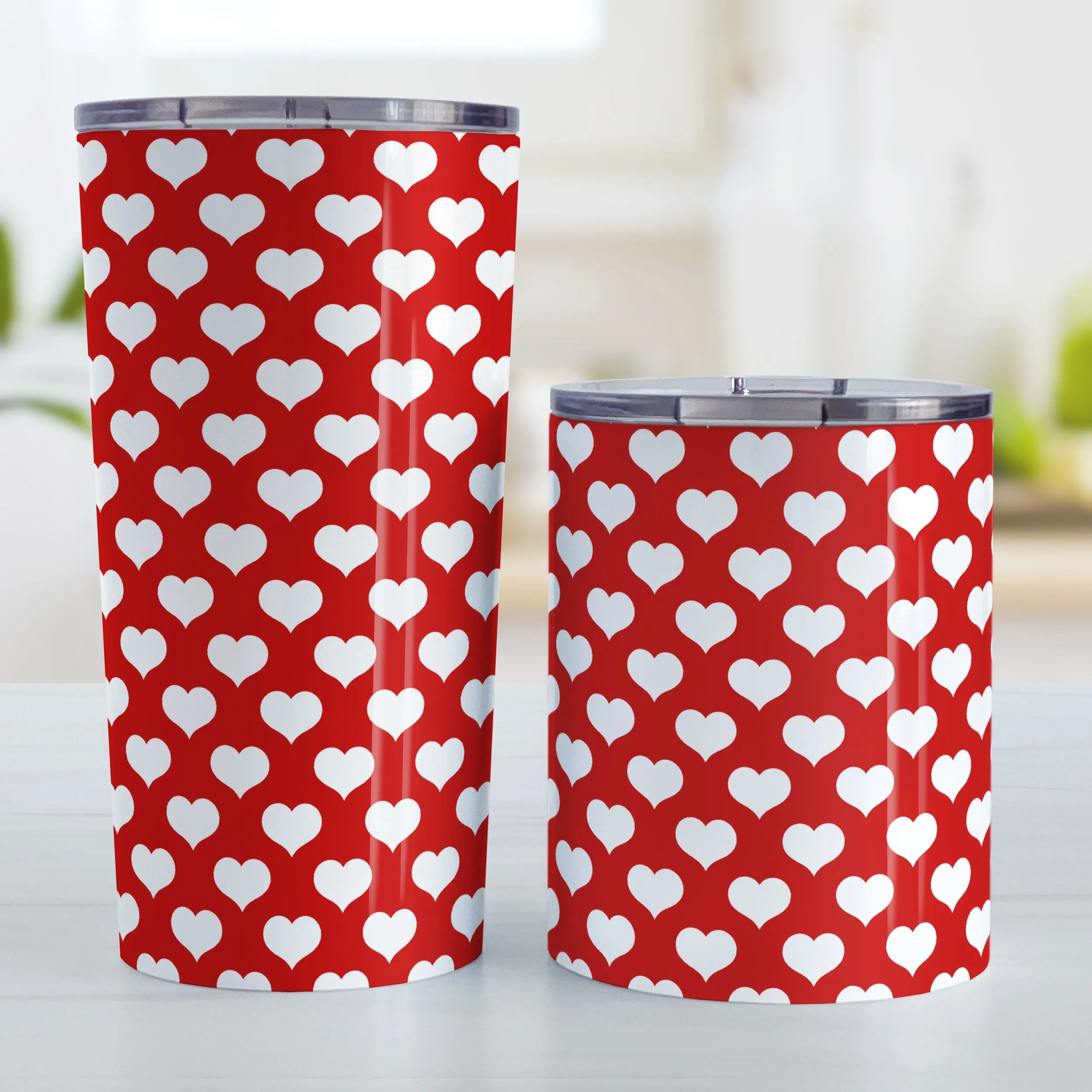 White Hearts Pattern Red Tumbler Cup