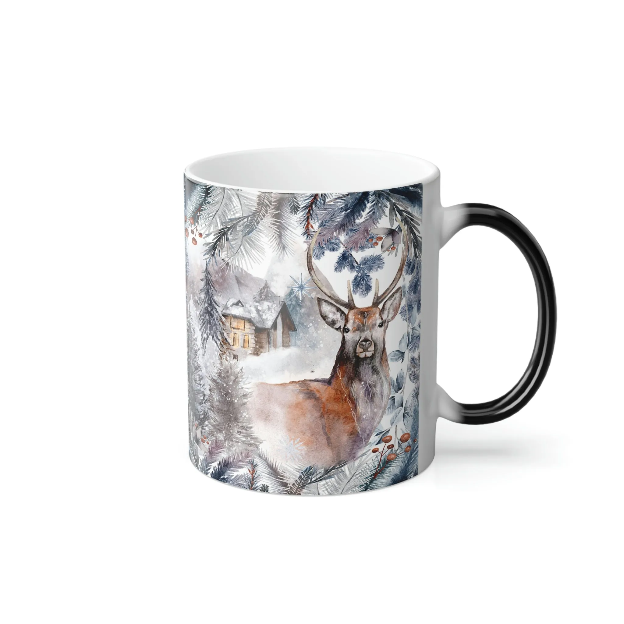 Winter deer and cabin 11oz Color Morphing Mug