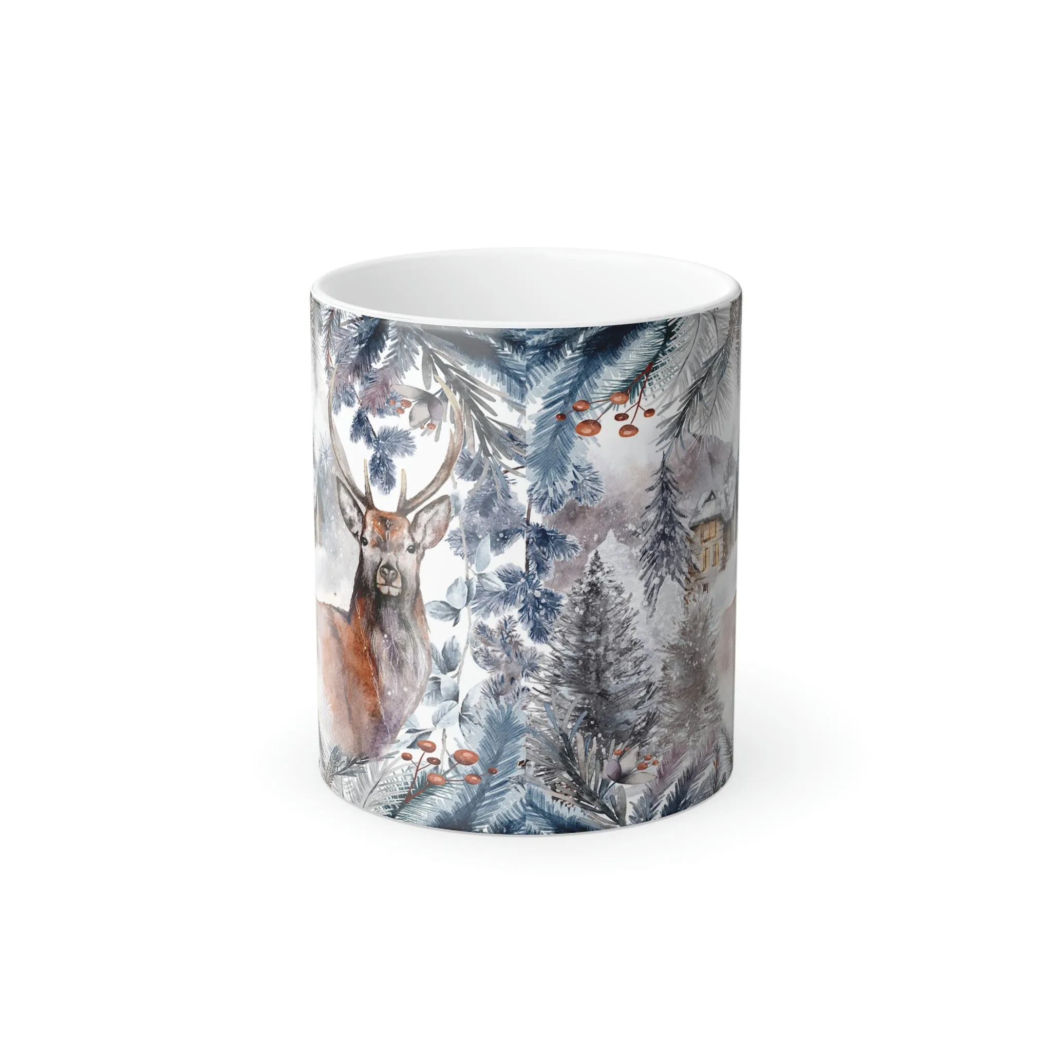 Winter deer and cabin 11oz Color Morphing Mug