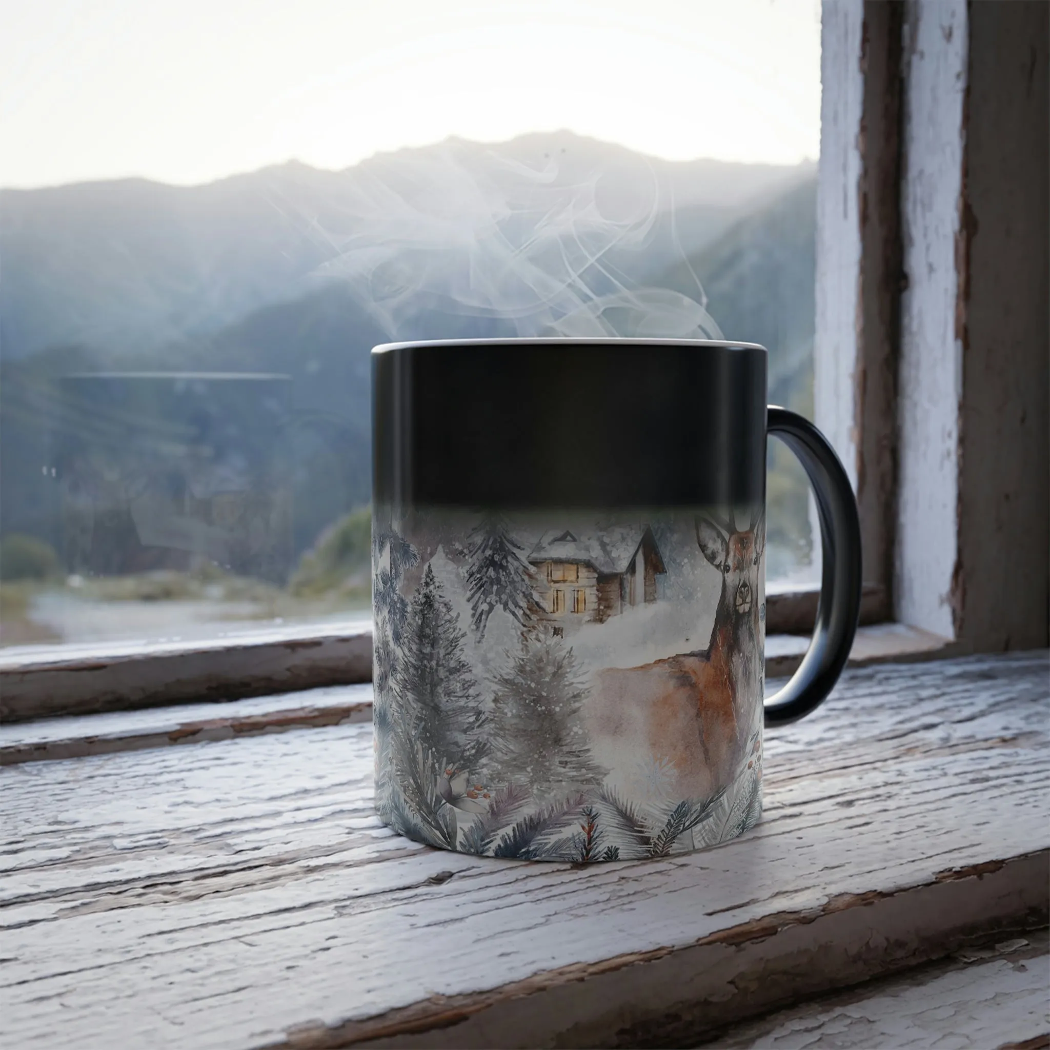 Winter deer and cabin 11oz Color Morphing Mug