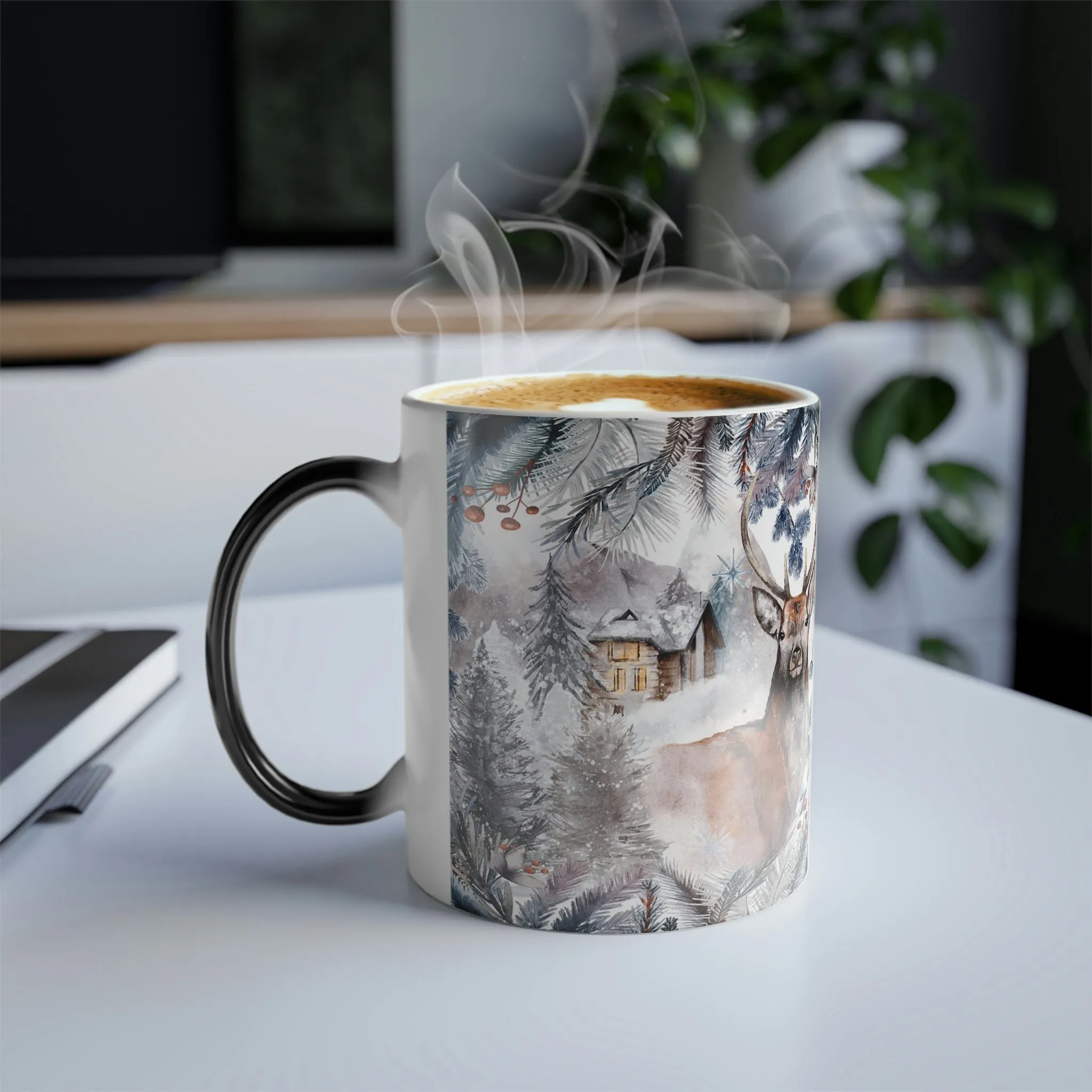 Winter deer and cabin 11oz Color Morphing Mug