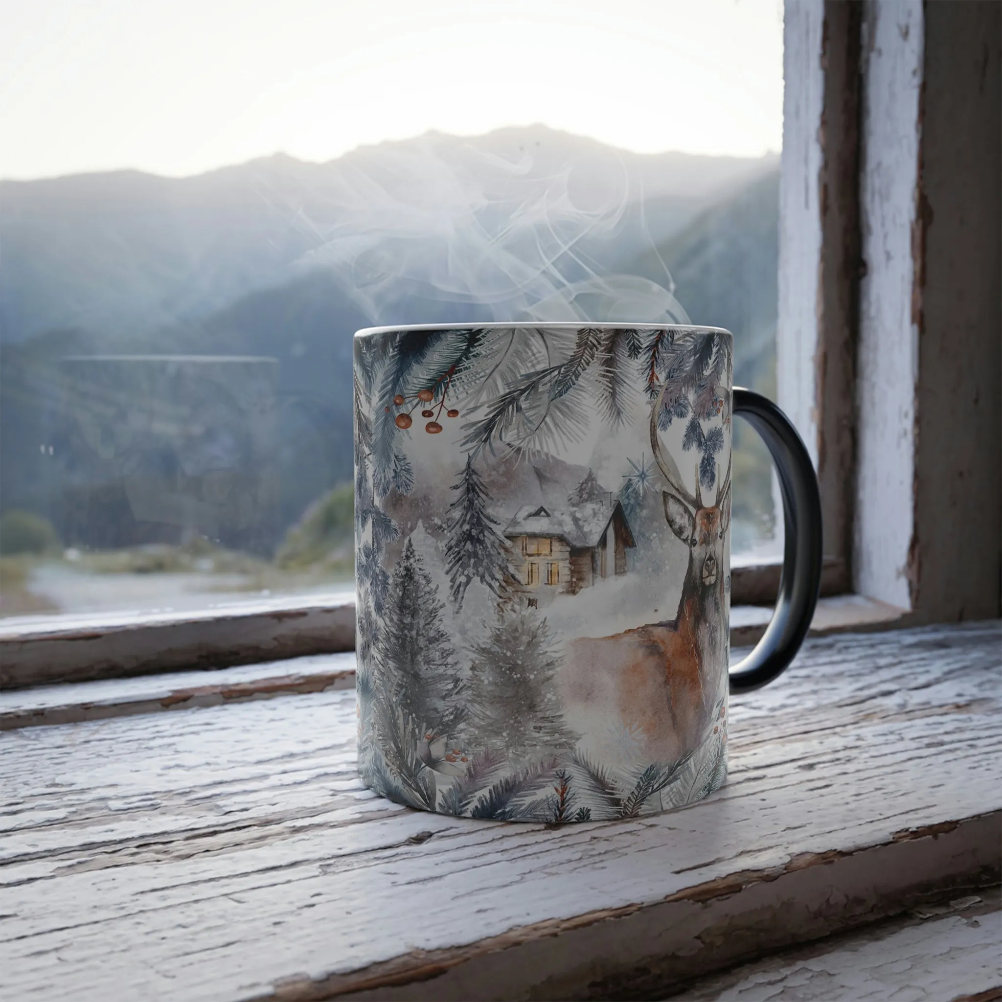 Winter deer and cabin 11oz Color Morphing Mug