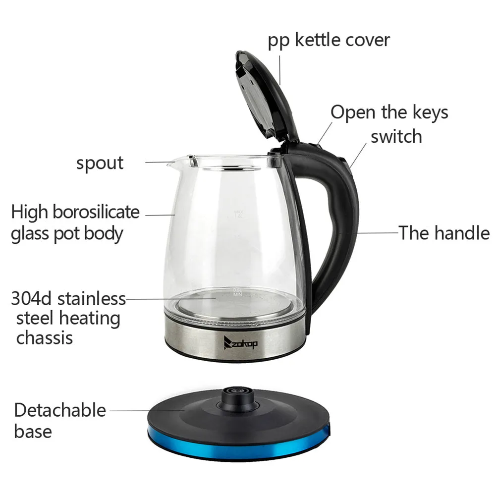 ZOKOP 1.8L Electric Glass Kettle with Filter Black