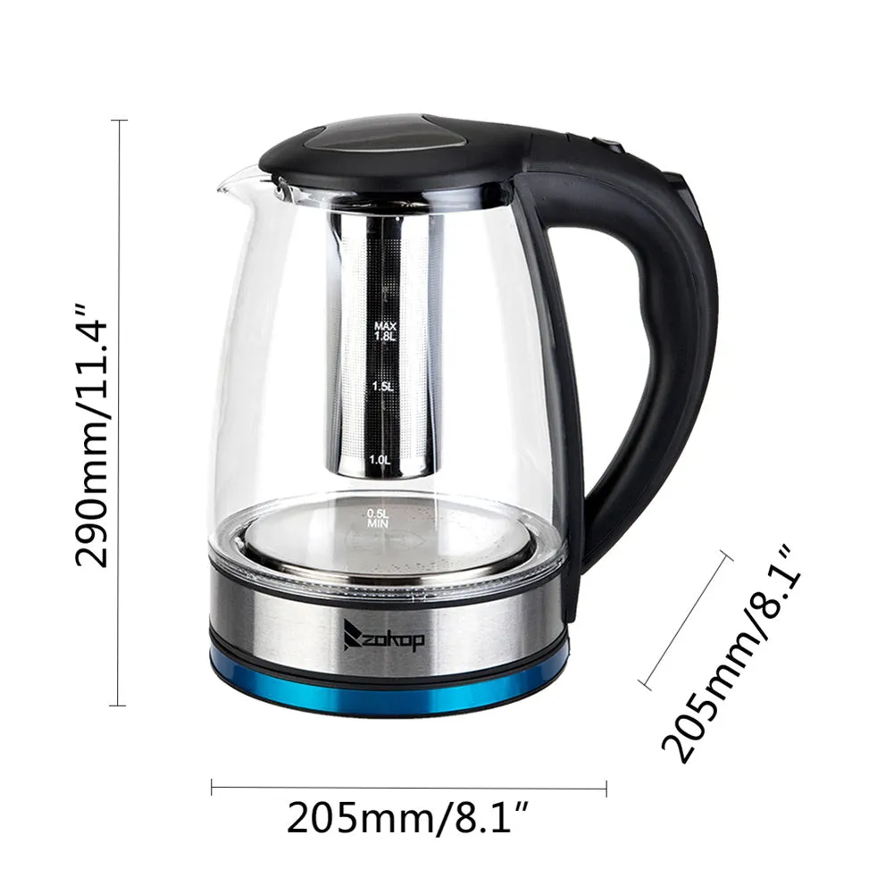 ZOKOP 1.8L Electric Glass Kettle with Filter Black